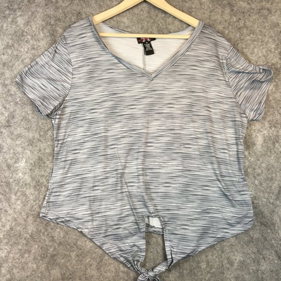 Butterflies & Rainbows Top 3X Boho Tie Front Short Sleeve V Neck Space Dye Gray - Picture 1 of 8